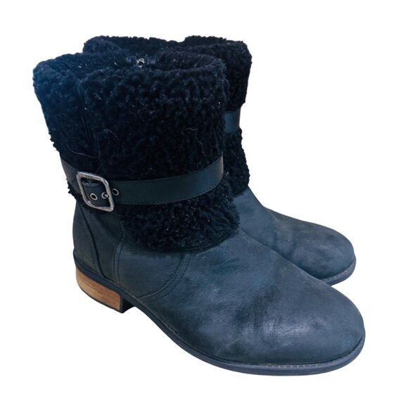 UGG Women Blayre II Shearling Genuine Cuff Suede Boots 1008220 Black 9.5 Snow - Picture 2 of 14